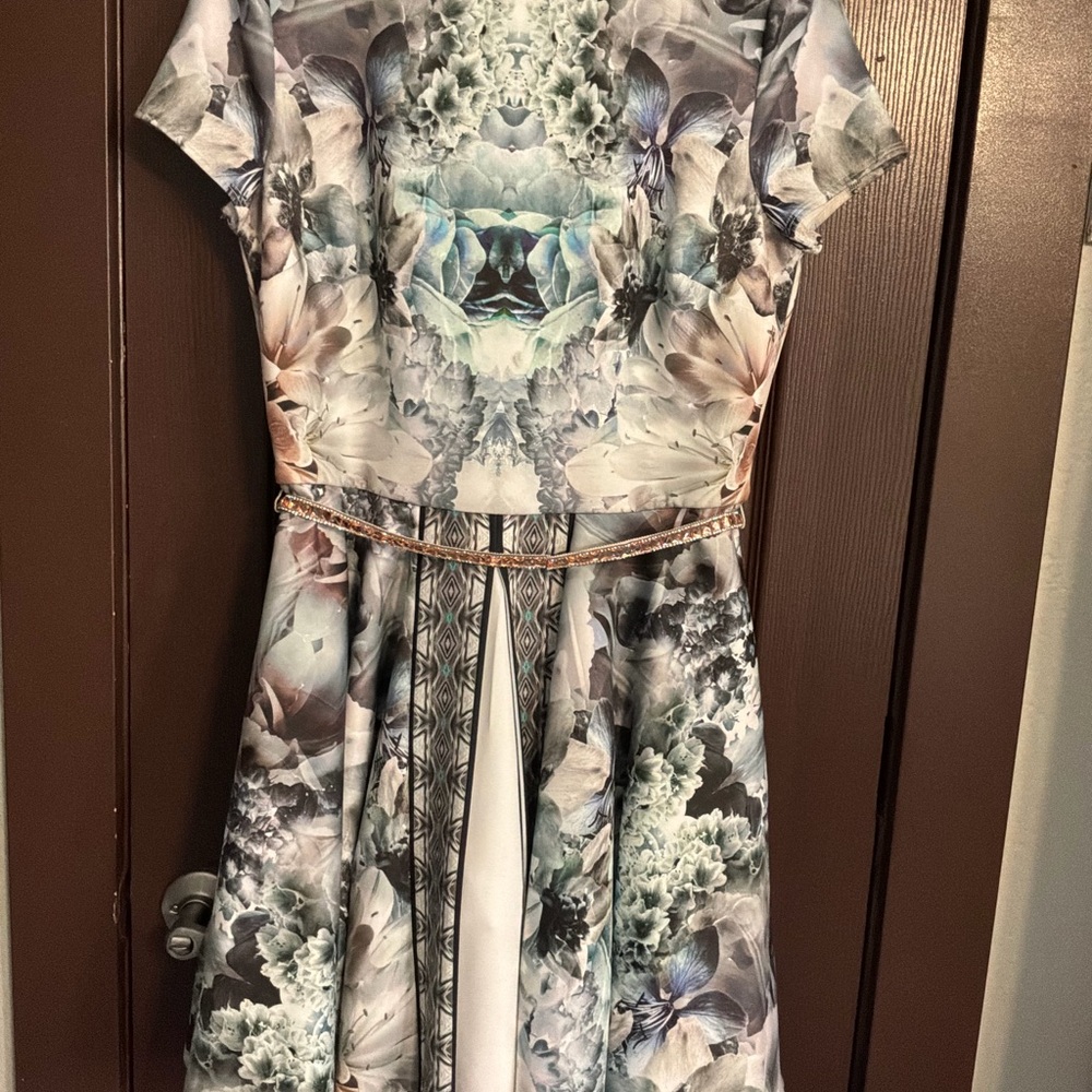 bebe Floral Print Fit-and-Flare Dress with Metallic Belt - Blue, Green, Cream